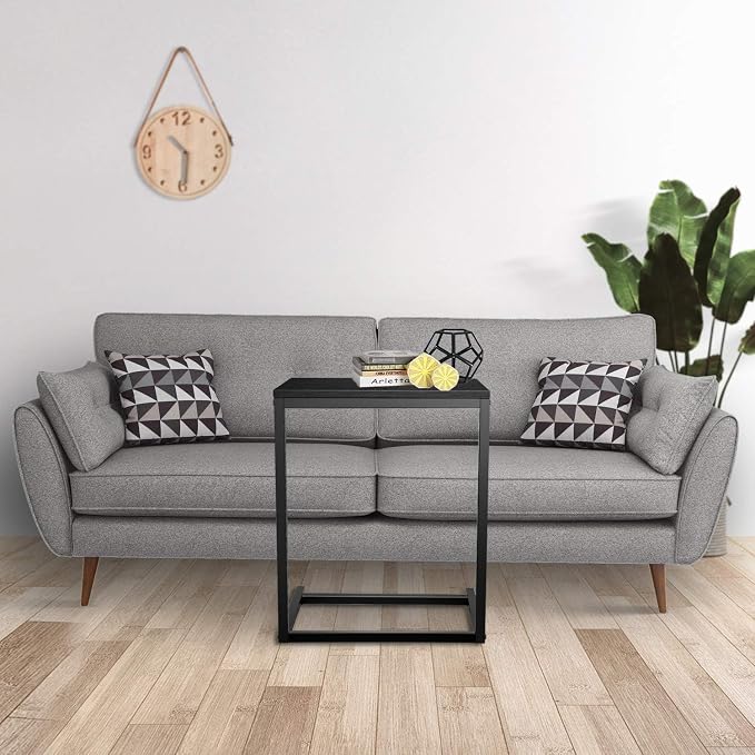 YSSOA Hardwood Surface C Shaped Sofa Side End Snack Desk, 13.75" x 21.75" x 27", Wooden, Black