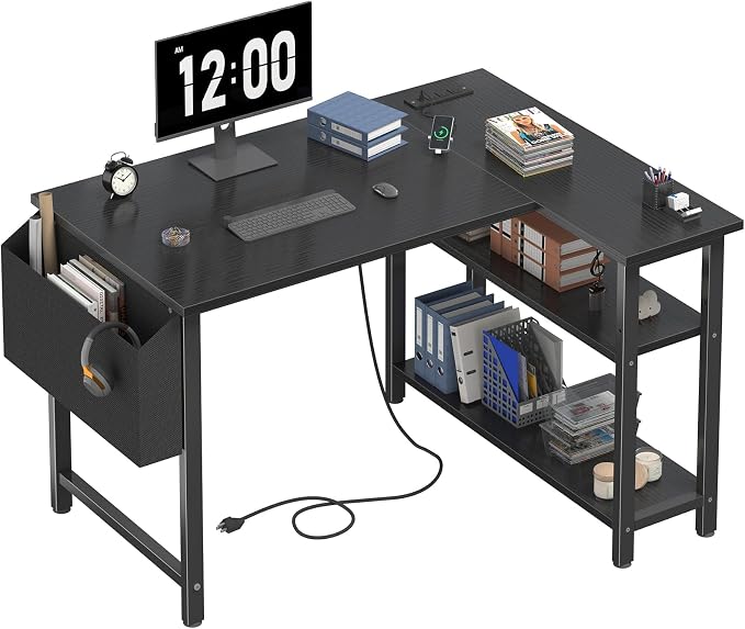 DLisiting Small L Shaped Gaming Desk with Shelves, 40 Inch Small Corner Computer Gaming Desk for Boys Teens Bedroom, Study Work PC Desks for Home Office Bedroom, Black