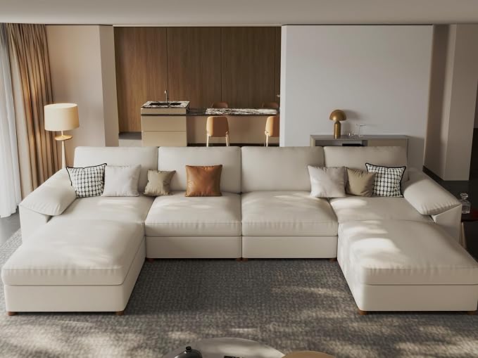 EASE MOOSE Oversized Leather Modular Sectional Sofa,Sectional Couch with Deep Seat,Extra Large U Shaped Couch,Faux Leather Material Sofa Modern Comfy Scratch Resistant,Beige