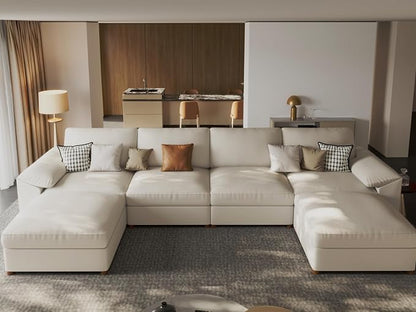 EASE MOOSE Oversized Leather Modular Sectional Sofa,Sectional Couch with Deep Seat,Extra Large U Shaped Couch,Faux Leather Material Sofa Modern Comfy Scratch Resistant,Beige
