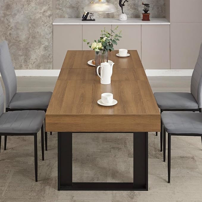 STHOUYN 63”-79” Extendable Dining Room Table, Modern Farmhouse Wooden Kitchen Table, Long Expandable Dining Table for 6 8 10, Large Expanding Tables Conference Tables (Walnut Brown)