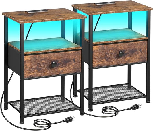LOAKEKEL Night Stand Set 2, LED Nightstand with Charging Station, End Tables Living Room with Fabric Drawer for Small Spaces, Bed Side Tables with Storage Shelf for Bedroom, Brown, HETS01PBR