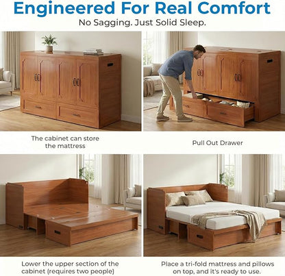 Mjkone Queen Murphy Bed with Mattress Include, Murphy Cabinet Bed with USB Charging Station, Hidden Cube Cabinet Beds with Large Storage Drawer for Bedroom Guest Room Home Office, Cherry