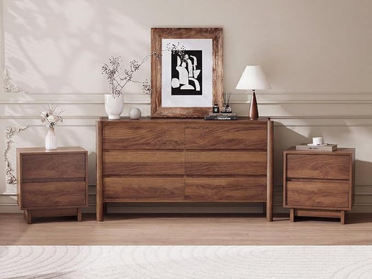 CHUWELL 3-Piece Bedroom Dresser Set-6 Drawer Dresser & 2 Nightstands,47" Wide Walnut Dresser and Night Stands with Solid Wood Cylindrical Legs