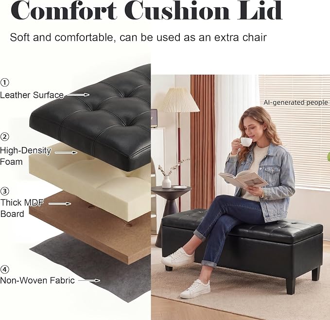 Asense 45" Storage Ottoman Bench,Faux Leather Upholstered Ottoman with Legs,Tufted Ottoman with Safety Hinge,Storage Bench for Bedroom,Living Room,Entryway,Black