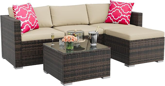 GAOMON 5-Piece All-Weather Patio Furniture Set, Convertible Outdoor Sectional Sofa with Ottoman & Tempered Glass Table, PE Rattan Conversation Set for Garden, Backyard, Porch, Poolside