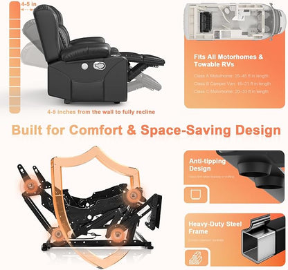RV Loveseat Recliner Sofa, Reclining Loveseat Home Theater Seating with USB Ports, Cup Holders, Insert Pockets, Wall Hugger RV Recliners for Movie Room, Recline Movie Seats Gaming Sofa, Black