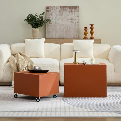 Rolling Modern Coffee Table Set of 2 with Wheels, Leather Square Coffee Table and End Table Sets, Minimalist Center Table, Luxury Wooden Cube Side Table for Living Room Bedroom Apartment,Orange
