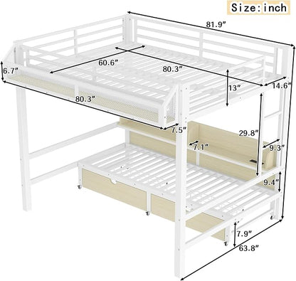 Bellemave Bunk Bed Queen Over Queen，Metal Bunk beds with Storage Shelves and Drawers USB Ports and LED Lights, Lower Bed That can be Converted into a Sofa, White