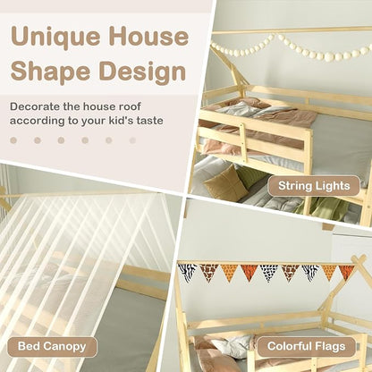 KOTEK Twin Over Queen Bunk Bed, House Bunk Beds with Climbing Nets and Ramp, No Box Spring Needed, Solid Wood Low Bunk Bed Frame for Kids Boys Girls (Natural)