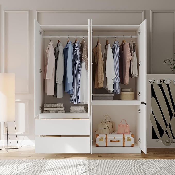 Bobve78 H Armoire Wardrobe Closet with 4 Doors and 2 Drawers, Wooden Bedroom Armoires with Hanging Rod, No Freestanding Wardrobe Cabinet for Bedroom, White