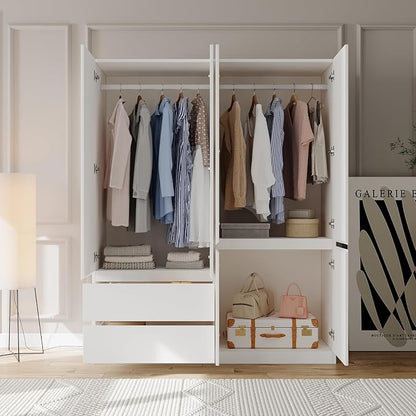 Bobve78 H Armoire Wardrobe Closet with 4 Doors and 2 Drawers, Wooden Bedroom Armoires with Hanging Rod, No Freestanding Wardrobe Cabinet for Bedroom, White