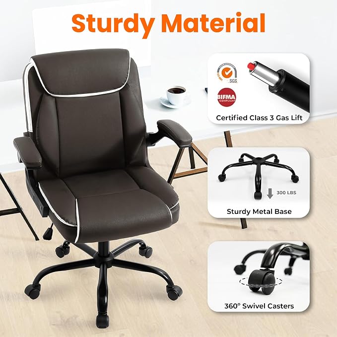 NEO CHAIR Desk Office Gaming Computer Chair Ergonomic Executive Mid-Back Leather with Adjustable Padded Flip-Up Armrests Cushion Wheels Swivel for Home Study Task (Brown)