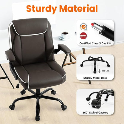 NEO CHAIR Desk Office Gaming Computer Chair Ergonomic Executive Mid-Back Leather with Adjustable Padded Flip-Up Armrests Cushion Wheels Swivel for Home Study Task (Brown)