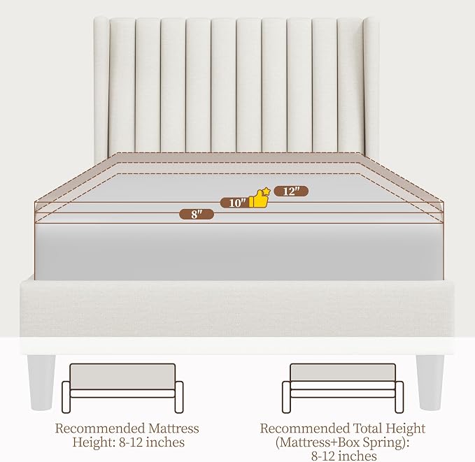 Yaheetech Twin Bed Frame Upholstered Platform Bed with Fabric Headboard, Wing Edge Design/Non-Slip and Noise-Free/Wooden Slats Support/No Box Spring Needed/Easy Assembly, Ivory Twin Bed
