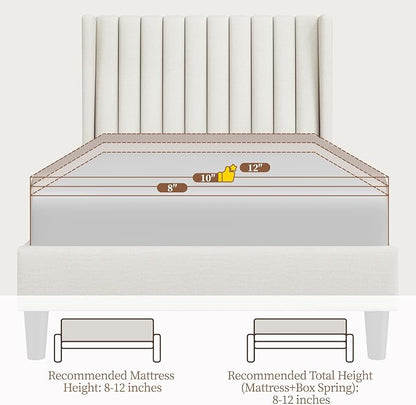 Yaheetech Twin Bed Frame Upholstered Platform Bed with Fabric Headboard, Wing Edge Design/Non-Slip and Noise-Free/Wooden Slats Support/No Box Spring Needed/Easy Assembly, Ivory Twin Bed