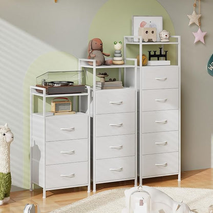 Somdot Nightstand with 3 Drawers, Dresser with Fabric Bins for Bedroom, Hallway, Entryway, Night Stand Bedside Table Furniture, Sturdy Steel Frame, Wooden Top, Easy Pull Fabric Bins, White Leather