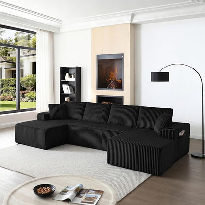 124" Modular Sectional Sleeper Sofa, Boneless Cloud Couch for Living Room, U Shaped 5 Seat Sofa with 2 Storage Pockets& 2 Cup Holders, Free Combination, No Assembly Required