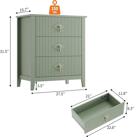 GarveeHome Fluted Dresser for Bedroom, 27.5" Wide 3-Drawer Wood Dresser, Modern Chest of Drawers, Storage Organizer Cabinet for Living Room, Hallway, Entryway, Green
