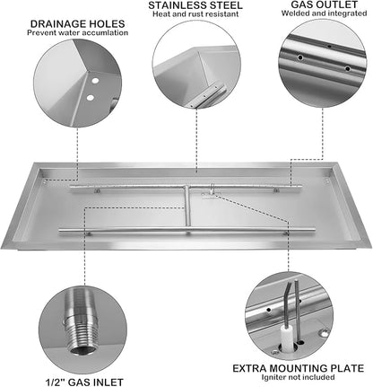 Stanbroil 24 x 8 inch Drop-in Fire Pit with Burner and All Accessories Required Gas Firepit Replacement for Outside, Natural Gas Version, 90,000 BTU’s Max