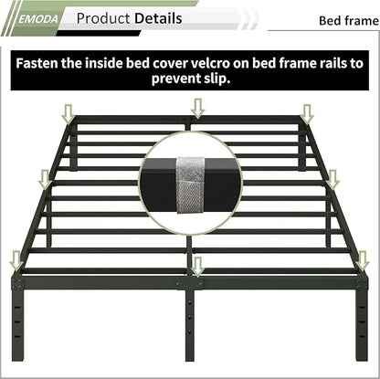EMODA Queen Bed Frame with Cover No Box Spring Needed, 14 Inch Heavy Duty Metal Platform BedFrame Queen Size with Steel Slats, Easy Assembly