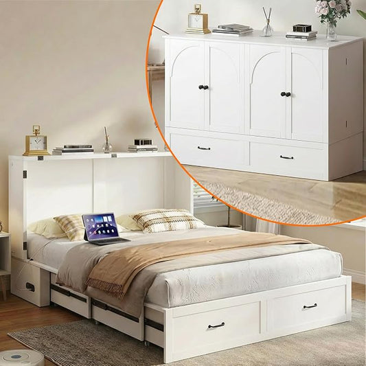 CECER Queen Size Murphy Bed with Storage & Charging Station,Multi-Functional Murphy Cabinet Bed with Mattress Included for Bedroom/Guest Room/Small Space,Easy Assembly -White | Built-in Multi-Port Charging Station ＆ Large Storage Drawer，Sturdy frame ＆ ...
