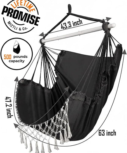 MIZTLI Hammock Chair Hanging Chair Swing Chair XXL Large Macrame Swing Indoor Hammock for Bedroom - Max 500 Lbs - All Hanging Kit Included