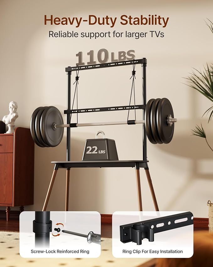 Easel Floor TV Stand with Storage for 49-86 inch TVs, Height Adjustable 4-Leg Universal TV Stand with Cable Management & Protective Pads, Holds 110 lbs for Living Room, Office, School, Black