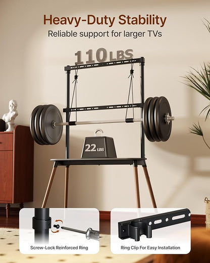 Easel Floor TV Stand with Storage for 49-86 inch TVs, Height Adjustable 4-Leg Universal TV Stand with Cable Management & Protective Pads, Holds 110 lbs for Living Room, Office, School, Black
