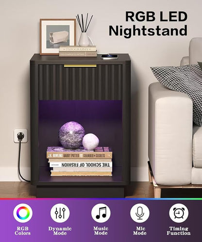 Akxomel Fluted Nightstands Set of 2, Wooden Night Stand with Charging Station and LED Light, Modern Mid Century End Table with Drawer, 15" D x 15.7" W x 22.6" H, for Bedroom, Black