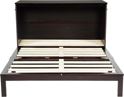 PVWIIK Queen Size Murphy Bed Cabinet with Power Station & Large Drawer for Bedroom,Pine Wood Folding Chest Bed with Rattan Panel, Space-Saving Wall Bed, Espresso