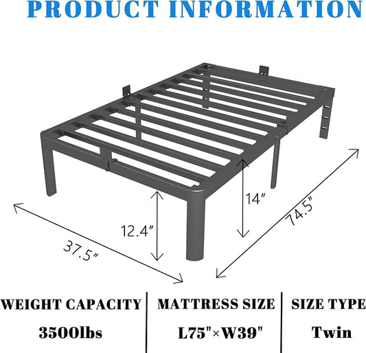 14 Inch Twin Bed Frames, Black Bed Frame Twin Size with Metal Baffles, No Box Spring Needed, Heavy Duty Steel Platform Supprt, Rounded Corner Design, Reserved Holes, Storage Space, Noise Free
