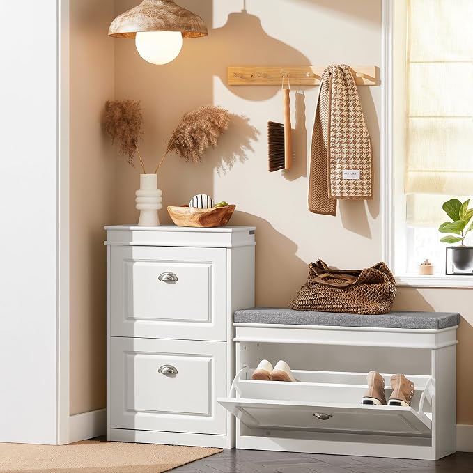 SoBuy Small Shoe Storage Bench, Narrow Shoe Cabinet for Entryway, Shoe Rack with Cushion&2 Tiers Flip-Drawer, Closet Hallway Mudroom White FSR82-L-W | Narrow shoe storage cabinet with 2-tier rack & 2 adjustable height shelves for small spaces, white, 7...