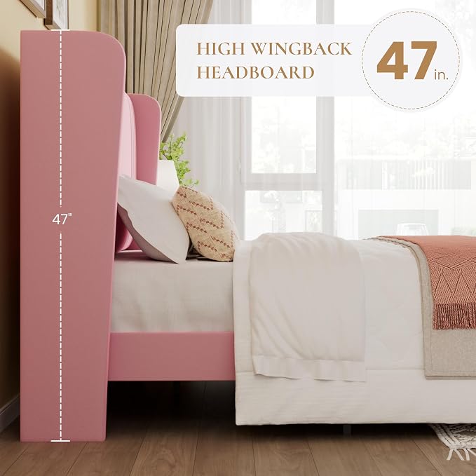 SHA CERLIN King Size Velvet Upholstered Platform Bed Frame with Vertical Channel Tufted Wingback Headboard, Wooden Slats Support, Easy Assembly, Under Bed Storage, No Box Spring Required, Pink