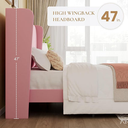 SHA CERLIN King Size Velvet Upholstered Platform Bed Frame with Vertical Channel Tufted Wingback Headboard, Wooden Slats Support, Easy Assembly, Under Bed Storage, No Box Spring Required, Pink