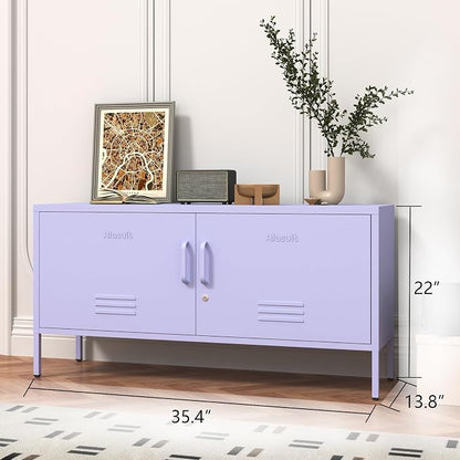 Wide Lockable Metal TV Stand with Accent Cabinet Locker, Heavy Duty Entertainment Center for Bedroom, Adjustable Shelves & 2 Doors, Multifunctional Storage Cabinet for Home 22"H X 35.4"W X 13.8"D