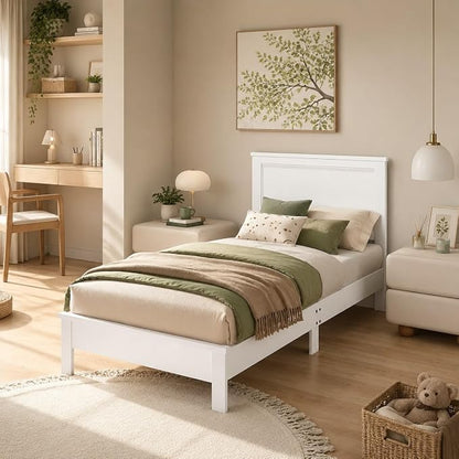 Wood Bed Frames with Headboard, Mid Century Bed Frame with Solid Wood Legs & Wooden Slat Support, Mattress Foundation Bed Base, No Box Spring Needed, (White, Twin)