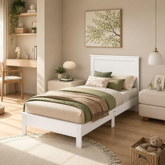 Wood Bed Frames with Headboard, Mid Century Bed Frame with Solid Wood Legs & Wooden Slat Support, Mattress Foundation Bed Base, No Box Spring Needed, (White, Twin)