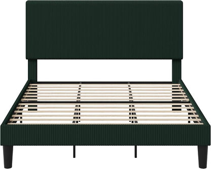 Allewie King Size Upholstered Bed Frame with Vertical Channel Tufted Headboard, Soft Corduroy Fabric Platform Bed, Strong Wooden Slats Support, Easy Assembly, No Box Spring Needed, Dark Green