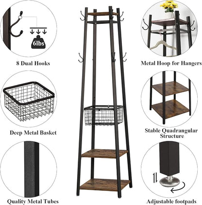 VECELO Industrial Coat Rack,Enterway Clothes Stand with 2 Tier Storage Shelves and Metal Basket,Upgrade Hall Trees with 8 Dual Hooks,Antique Brown