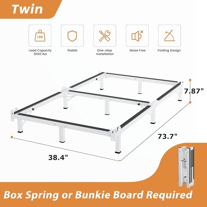 MAF Metal Bed Frame Twin, 9-Legs Support Bed Base, 8 Inches Twin Bed Frame for Box Spring and Mattress, Basics Bed Frame Headboard Attachable Tool-Free Easy Assembly, White