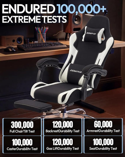Dowinx Ergonomic Gaming Chair with Footrest & Massage Lumbar, 2D-Linkage Armrests for Computer Chair 330lbs with Headrest Pillow for Office, Home, Streaming and Long Gaming Sessions, Fabric White