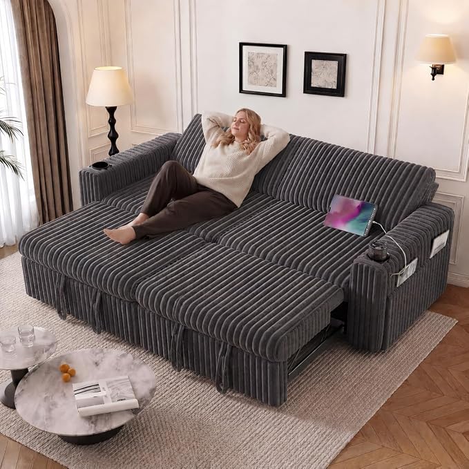 Vipbear 91" Sectional Sleeper Sofa with Pull Out Bed,5-Level Adjustable Backrest,3 Seat Modular Couch with Storage,Tool Free Assembly,USB & Cup Holders, Corduroy Sofa for Living Room,Grey