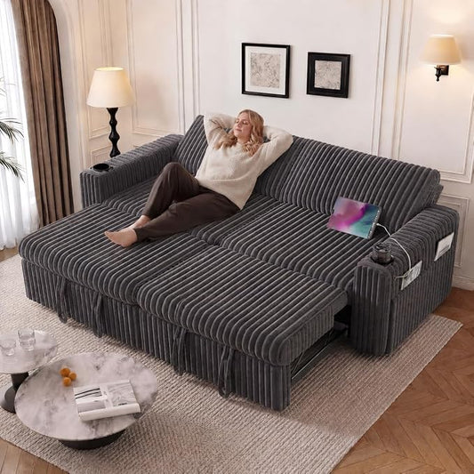 Vipbear 91" Sectional Sleeper Sofa with Pull Out Bed,5-Level Adjustable Backrest,3 Seat Modular Couch with Storage,Tool Free Assembly,USB & Cup Holders, Corduroy Sofa for Living Room,Grey