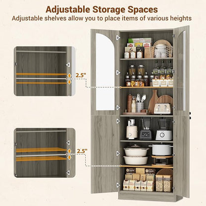 Cyclysio 80" Kitchen Pantry, Tall Arch Storage Cabinet with Tempered Glass & Soft Close Doors, Freestanding Wood Floor Cupboard Bookcase with Seamless Fit Wall for Dining Room, Living Room, Bathroom