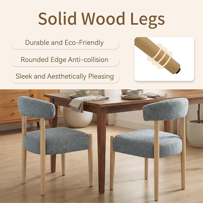 VKNOW Wooden Dining Chairs Set of 2 with Curved Open Back, Blue | Natural Rubberwood Legs, Soft Chenille Fabric, Thickened Cushion, For Adults and Family, Dining Room, Kitchen, No Wobble