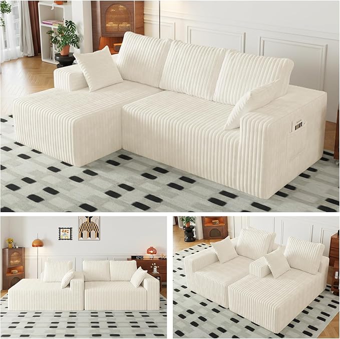 Cloud Boneless Sectional Cream Couches with Oversized Chaise for Living Room, Modular L Shaped Couch with Deep Seat, Memory Foam Compressed 3 Seater Sofa for Apartment