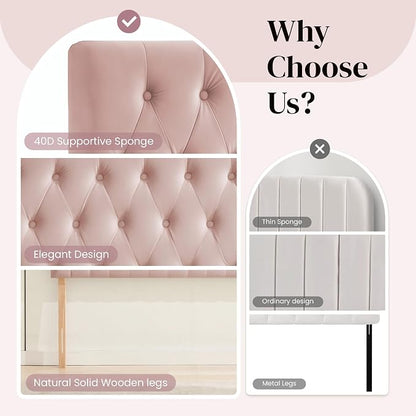 Tufted Upholstered King Size Bed Headboard in Modern Button Design, Adjustable Solid Wood Head Board, Premium Velvet Fabric Padded Headboards in Bedroom (Pink)