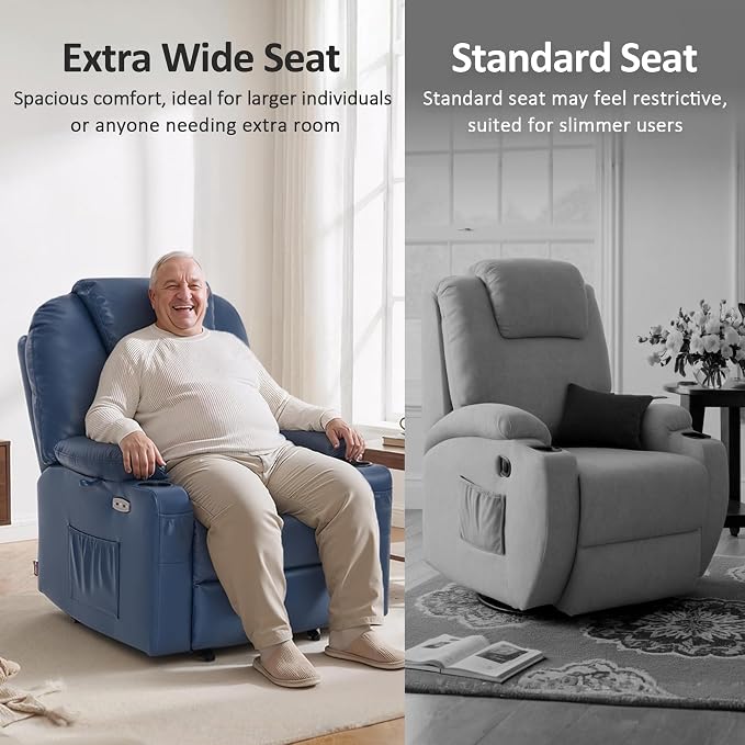 MCombo Extra Wide Power Lift Recliner Chair for Elderly, Lift Chair with Heat and Massage for Big People, USB&Type C Ports, Cup Holders, Faux Leather R7045 (Blue, Medium-Wide)