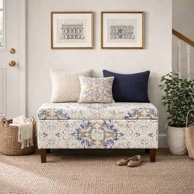 HomePop 36" Storage Ottoman Bench with Hinged Lid - Antiqued Medallion Ebony & Cream